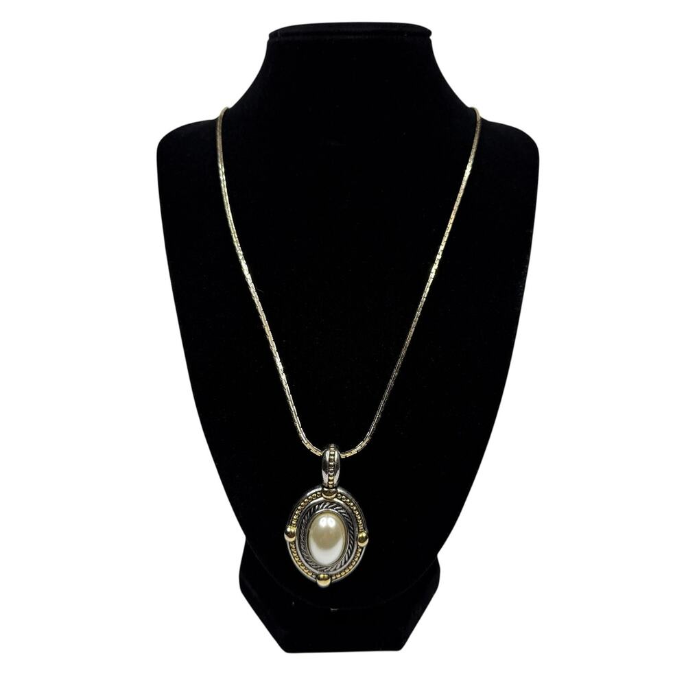 Elegant Pearl Pendant Necklace Gold Tone Snake Chain Silver Tone Accent 30 in